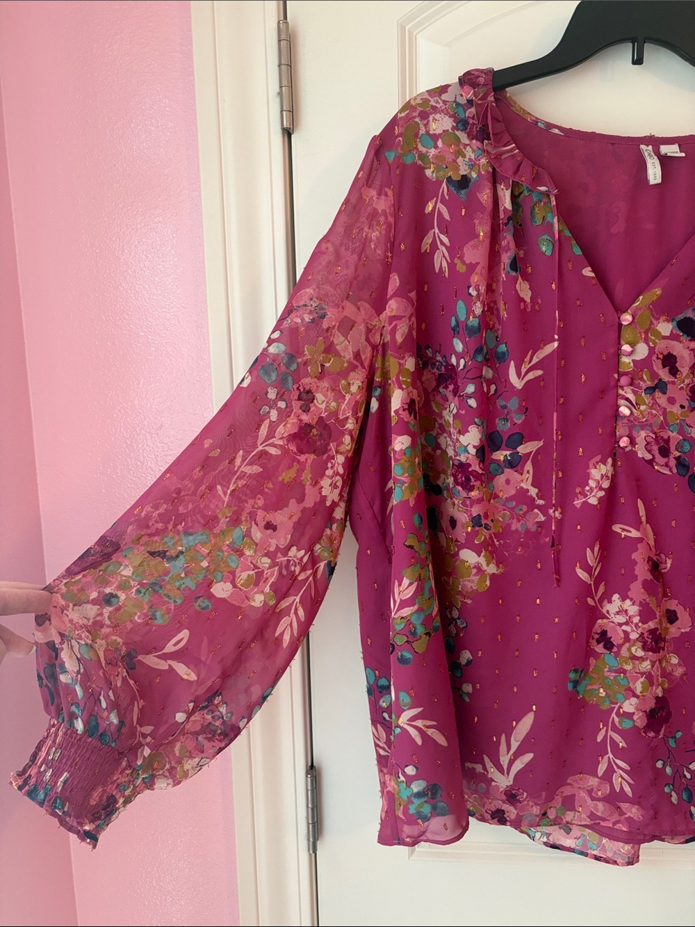 Cato Pink/Purple Floral Ruffle-Neck Blouse with Gold Dot Accents - Picture 7 of 9